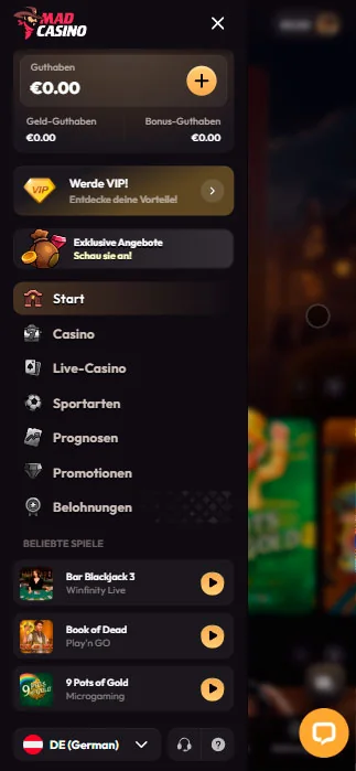 App-Menü madcasino